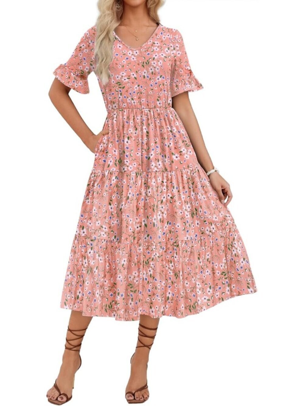 Zeagoo Women's  Pink Floral Tiered Casual Neck Ruffle Short Midi Maxi Dress